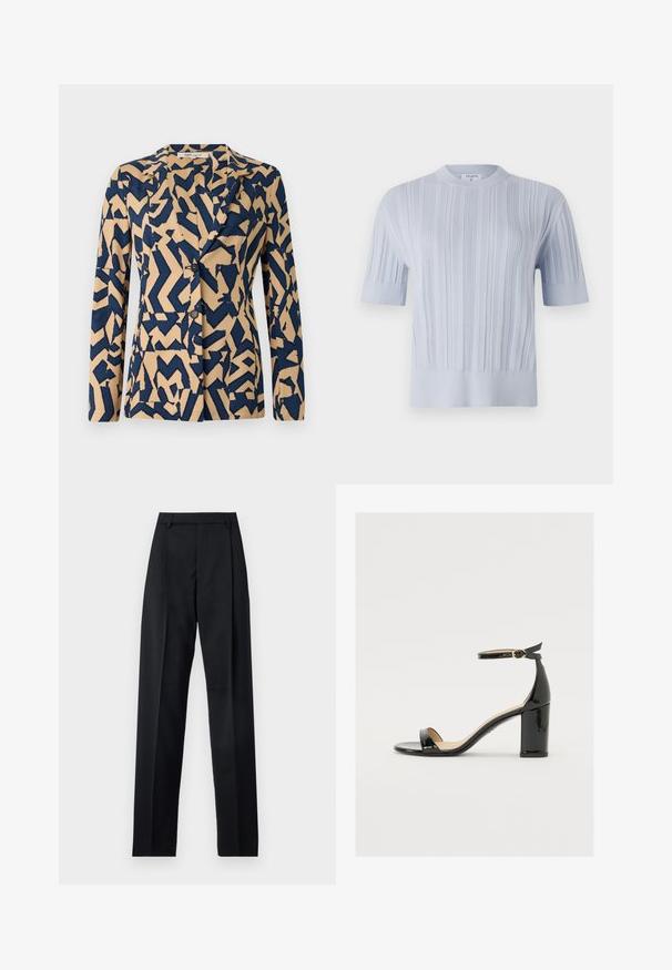 Giacca blu navy e beige con un motivo astratto a zigzag, design monopetto, colletto a scollo e due bottoni. Tessuto morbido.; Top a maniche corte in maglia blu chiaro con texture a righe verticali e scollatura rotonda. Il tessuto presenta dettagli sottili con orlo aderente.; Pantaloni neri realizzati in tessuto morbido, caratterizzati da vita alta, gambe larghe, pince frontali e classiche passanti per cintura. Non ci sono tasche laterali visibili.; Sandalo in vernice nera con tacco largo, punta aperta e cinturino alla caviglia con fibbia dorata. Texture liscia e design elegante.