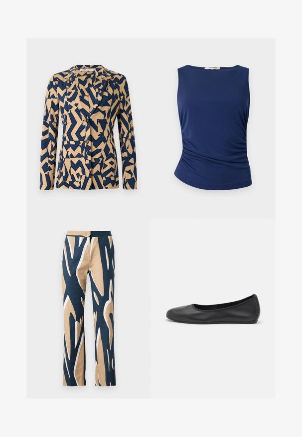 Jachetă bleu marin și bej cu un model abstract în zigzag, design cu un singur rând de nasturi, guler cu unica tăietură și două butoane. Textură de țesătură moale.; Top fără mâneci de culoare bleumarin, realizat dintr-un material neted și elastic. Prezintă detalii cu pliuri pe lateral și un tiv rotunjit pentru un aspect ajustat.; Pantaloni largi în navy, bej și cu un model grafic alb. Realizați dintr-un material ușor, cu o textură netedă și o talie ajustată.; Balerini din piele neagră, cu vârf rotund, textură netedă, detalii de cusătură minimale și un design al tălpii flexibil.
