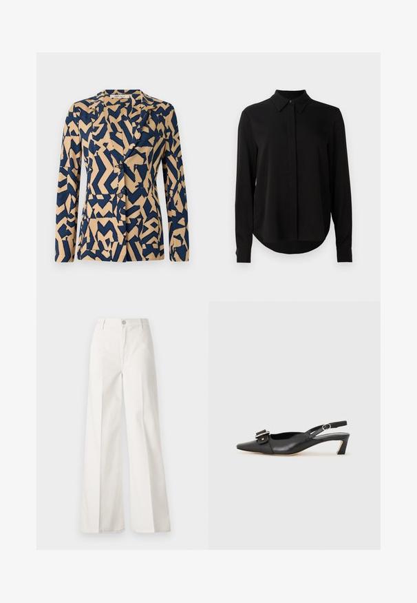 Jakna u tamnoplavoj i bež boji s apstraktnim uzorkom u obliku cik-caka, s jednim redom dugmadi, rever kragnom i dva dugmeta. Mekana tkanina.; Crna bluzica dugih rukava s oštrim ovratnikom, skrivenim kopčanjem i zakrivljenim rubom na jednoj bijeloj pozadini.; Bijele široke hlače izrađene od pamuka s glatkom teksturom. Imaju prednji gumb, patentni zatvarač i dizajn s četiri džepa.; Crne kožne sandale s remenčićem i šiljastim vrhom, malim potpeticama i dekorativnom kopčom na gornjem dijelu. Glatka tekstura, minimalistički dizajn.