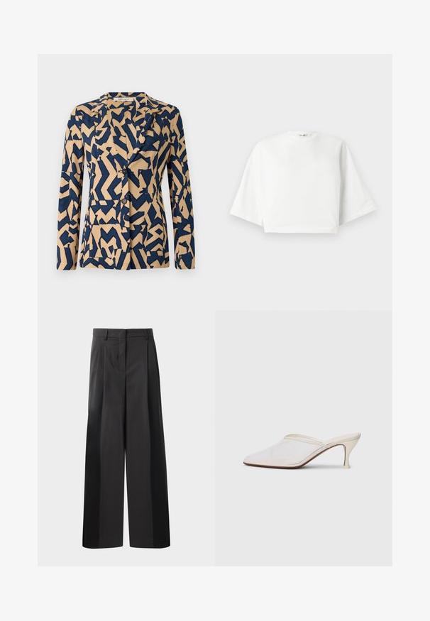 Marineblauwe en beige jas met een abstract zigzagpatroon, met enkele rij knopen, geknipte kraag en twee knopen. Zachte textuur van de stof.; Witte, cropped t-shirt met een relaxte pasvorm, korte brede mouwen, ronde halslijn en zijsplitten, gemaakt van zacht katoen.; Zwarte wijde broek met hoge taille, met voorplooien, een gladde textuur en een nette afwerking. Ontworpen voor een ontspannen pasvorm.; Witte mesh puntige muiltjes met een slanke hak van middelgrote hoogte en een slip-on ontwerp, tegen een effen achtergrond.