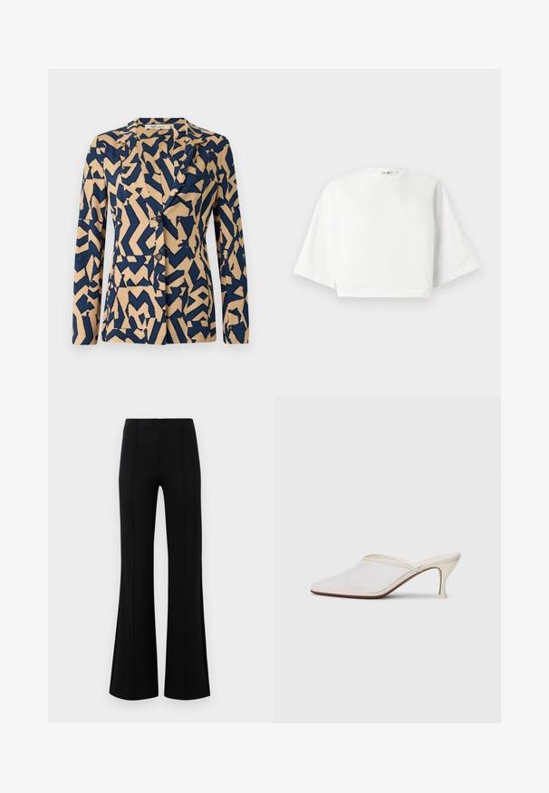 Navy blue and beige jacket with an abstract zigzag pattern, single-breasted design, notched collar, and two buttons. Soft fabric texture.; White cropped t-shirt with relaxed fit, short wide sleeves, round neckline, and side slits, made from soft cotton material.; Black flared pants with a high waist, made of stretchy fabric. Features vertical seam details on the front and a smooth texture.; White mesh pointed-toe mule with a slim mid-height heel and slip-on design against a plain background.