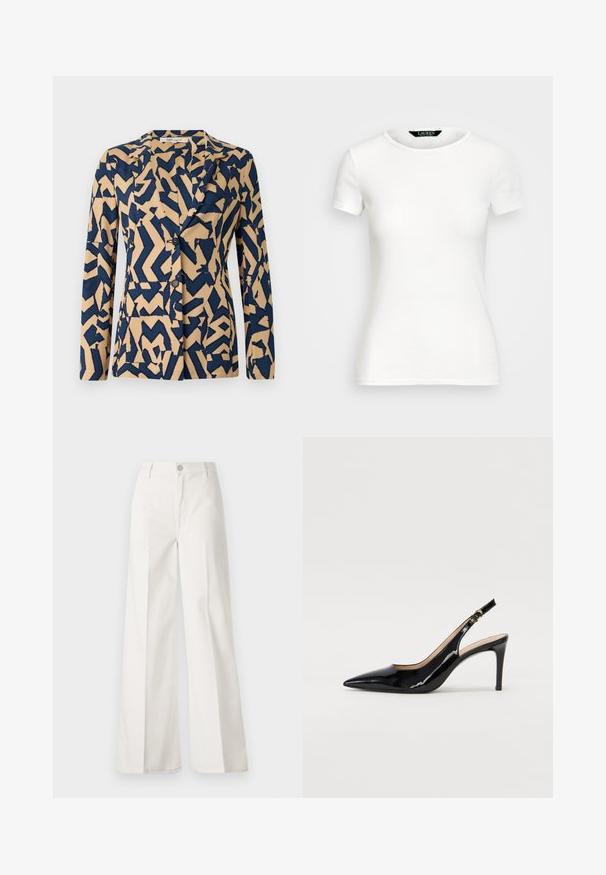 Navigomodra in bež jakna z abstraktnim zigzag vzorcem, enoredna zasnova, ovratnik s špicami in dvema gumboma. Mehka tekstura tkanine.; Bela bombažna majica s kratkimi rokavi, okroglim ovratnikom, prilegajočim krojem in gladko teksturo. Oznaka logotipa na ovratniku.; Bele široke hlače iz bombaža z gladko teksturo. Imajo gumb spredaj, zadrgo in zasnovo z štirimi žepi.; Črne lakirane slingback čevlje z izostrenim nosom, ozkim peto in subtilnim izrezom. Na traku je zlata sponka.