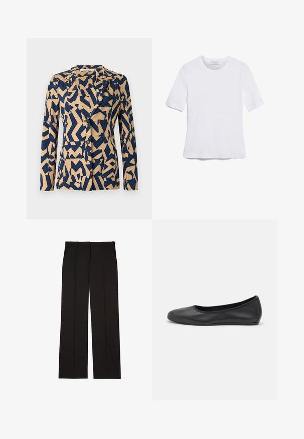 Chaqueta azul marino y beige con un patrón abstracto en zigzag, diseño de un solo botón, cuello con muesca y dos botones. Textura de tela suave.; Camiseta de manga corta blanca hecha de tela de canalé. Cuello redondo, corte regular y detalles de costura sutiles. Sin patrones ni gráficos.; Pantalones negros ajustados hechos de una tela suave, con un diseño de pierna recta y dos bolsillos laterales. Construcción elegante y minimalista.; Bailarina de piel negra con punta redondeada, textura suave, detalle de costura minimalista y diseño de suela flexible.