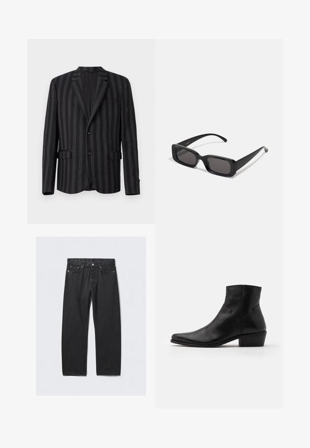 Fekete csíkos zakó, hajtott gallérral, két elülső zsebbel és egygombos záródással. Az anyaga sima tapintású, enyhe fényességgel.; Fekete, hosszú ujjú ing, sima anyagból készült, gombos elülső résszel, gallérral és diszkrét hímzett logóval a mellkason.; Fekete farmernadrág egy egyenes szabással, gombos záródással, öt zsebből és rézszínű fém kiegészítőkből áll. Sima tapintású.; Fekete bőr bokacsizma hegyes orral, minimális varrási részletekkel, közepes magasságú tömbsarkúval és sima, fényes felülettel.; Fekete, téglalap alakú napszemüveg sötét lencsékkel, fényes felülettel, széles szárakkal és masszív keret designnal. Az egyik szárra gravírozott márkanevével.