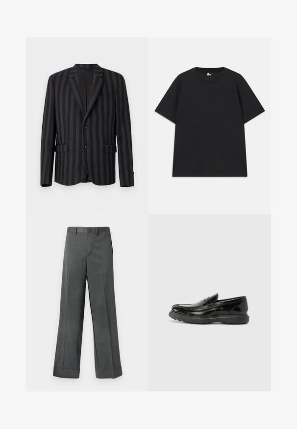 Melnas svītrotas uzvalka jakas ar iegrieztiem laçiem, divām priekšējām kabatām un viena pogas aizdari. Audums ir gluds ar smalku spīdumu.; Melna īsām piedurknēm t-krekls, izgatavots no kokvilnas, ar apaļu kakla izgriezumu un mazu logotipa detaļu pie apakšmalas. Gluda tekstūra, standarta piegriezums.; Pelēki, platai kāju bikses ar struktūras audumu, ar taisnu priekšpusi, jostas cilpiņām un apakšā vāktām malām. Veidotas bez redzamām kabatām.; Melnas ādas loafers ar spīdīgu apdari, noapaļota pirksta forma, smalkas šuvju detaļas un bieza gumijas zole ilgstošai lietošanai.