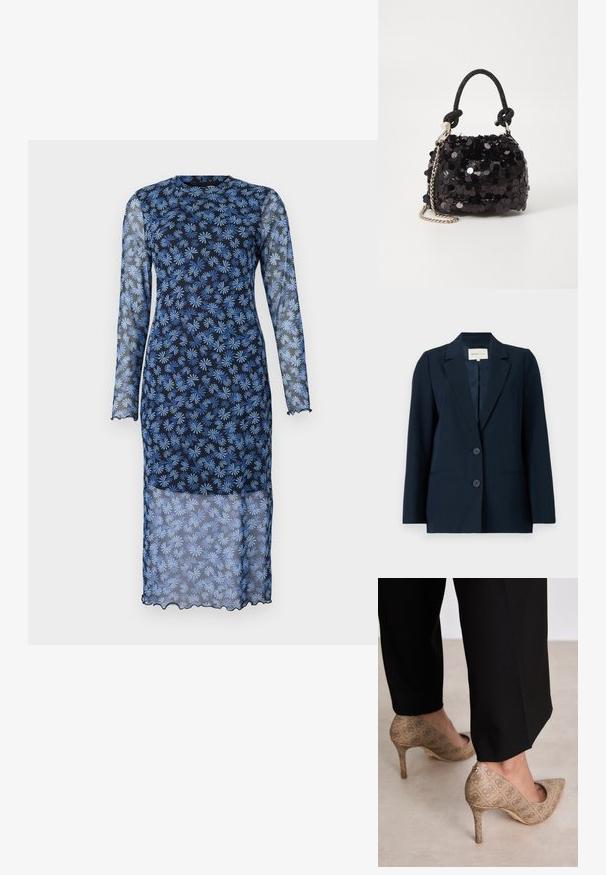 Mornarsko sako od glatkog platna, s jednim kopčanjem, notčanim reverima, dva dugmeta i bočnim džepovima za funkcionalnost.; Haljina dugih rukava u tamnoplavoj boji s prozirnom tkaninom, koja sadrži cvjetni uzorak u svijetloplavoj boji, okrugli izrez i valovite rubove.; Bež cipele s visokom petom izrađene od teksturiranog materijala s ponavljajućim uzorkom. Dizajn s oštrim vrhom s pozadinskim naglaskom i zlatnim detaljem na peti.; Crna mini torbica sa šljokicama, s čvorastim teksturiranim remenom i srebrnim lancem. Zaobljenog oblika s naboranim vrhom i reflektivnim detaljima.