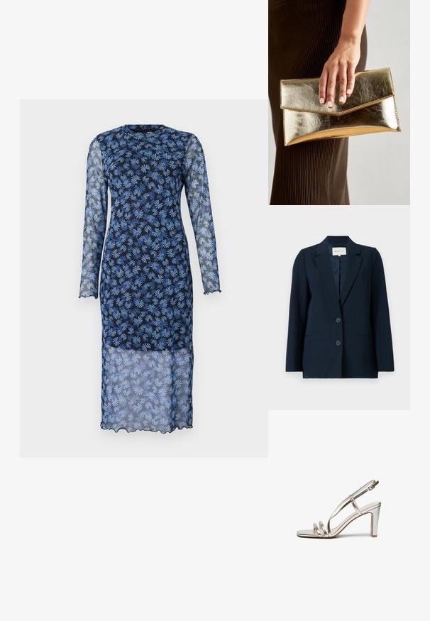 Marinblazer tillverkad av slättyg, med en enknäppt design, spetsiga slag, två knappar och sidofickor för funktionalitet.; Långärmad klänning i mörk marinblå med genomskinligt tyg, som har ett blommönster i ljusblått, rundad halsringning och vågiga kanter.; Metallisk silver högklackad sandal med öppen tå, med tre tunna remmar över foten och en ankelslinga med spänne.; Gyllene metallisk kuvertväska med en slät yta, försedd med en triangulär flikstängning. Den hand som håller den har välvårdade naglar.