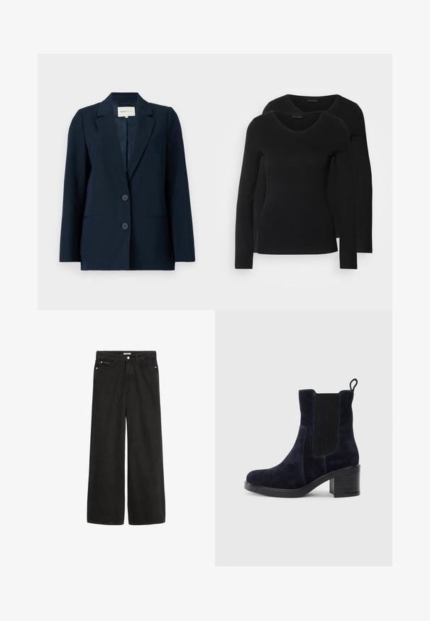 Blazer azul-marinho feito de tecido suave, apresentando um design de um só botão, lapelas com corte em bico, dois botões e bolsos laterais para funcionalidade.; Duas camisetas pretas de manga longa com design em V, feitas de um tecido macio e elástico, apresentando uma textura suave e um formato ajustado.; Jeans de denim preto de perna larga com cintura alta. Apresenta cinco bolsos, ferragens metálicas e um acabamento limpo. A textura é suave e macia.; Bota de tornozelo em camurça azul-marinho com painel elástico lateral, bico redondo e salto bloco. O tecido texturizado e a sola lisa criam um contraste.