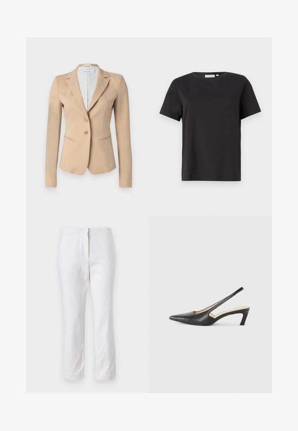 Blazer beige avec une coupe slim, des revers crantés, deux boutons à l'avant et des poches verticales. Tissu lisse avec un design ajusté.; T-shirt en coton noir à manches courtes, avec un col rond et un design simple et épuré. Pas de motifs ou d'ornements visibles.; Pantalons en coton blancs avec une coupe droite, dotés d'une taille mi-haute et sans matériel ou motifs visibles. Texture lisse sur l'ensemble.; Slingback noir à bout pointu avec un petit talon, en cuir lisse et doté d'un design découpé sur le côté pour plus de respirabilité.