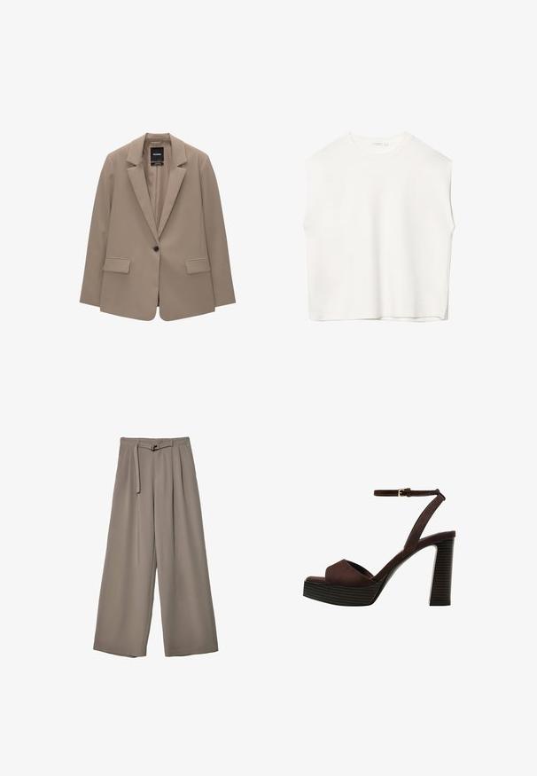 Blazer beige con vestibilità su misura, chiusura a un bottone, rever a scollo a V e due tasche frontali. Texture liscia, design minimalista.; Top bianco senza maniche con vestibilità morbida, scollo rotondo, texture liscia e orlo dritto. Design semplice senza motivi o accessori.; Pantaloni a gamba larga in un morbido tessuto grigio tenue, con vita con cintura e pieghe per un tocco di design aggiuntivo. Texture liscia, senza motivi.; Sandal in camoscio marrone con tacco alto, punta aperta, cinturino alla caviglia regolabile e suola a piattaforma striata.