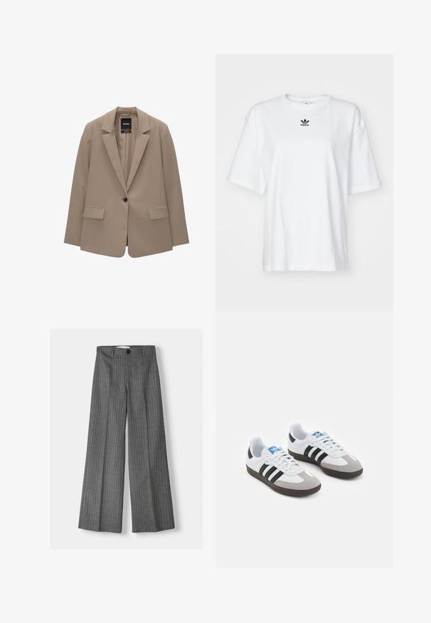 Beige Blazer mit taillierter Passform, einreihigem Knopfverschluss, Reverskragen und zwei vorderen Taschen. Glatte Textur, minimalistisches Design.; Weißes T-Shirt mit kurzen Ärmeln aus Baumwolle. Verfügt über einen Rundhalsausschnitt und ein kleines schwarzes Adidas-Logo auf der Brust. Gerader Saum.; Grauweite Hosen mit einem Nadelstreifenmuster, ausgestattet mit einem Knopfverschluss und zwei vorderen Taschen. Aus texturiertem Stoff gefertigt.; Sportschuhe mit einem Obermaterial aus weißem Leder, grauer Wildleder-Zehenkappe und drei schwarzen Streifen. Sie verfügen über ein blaues Logo auf der Zunge und eine strukturierte Gummisohle.