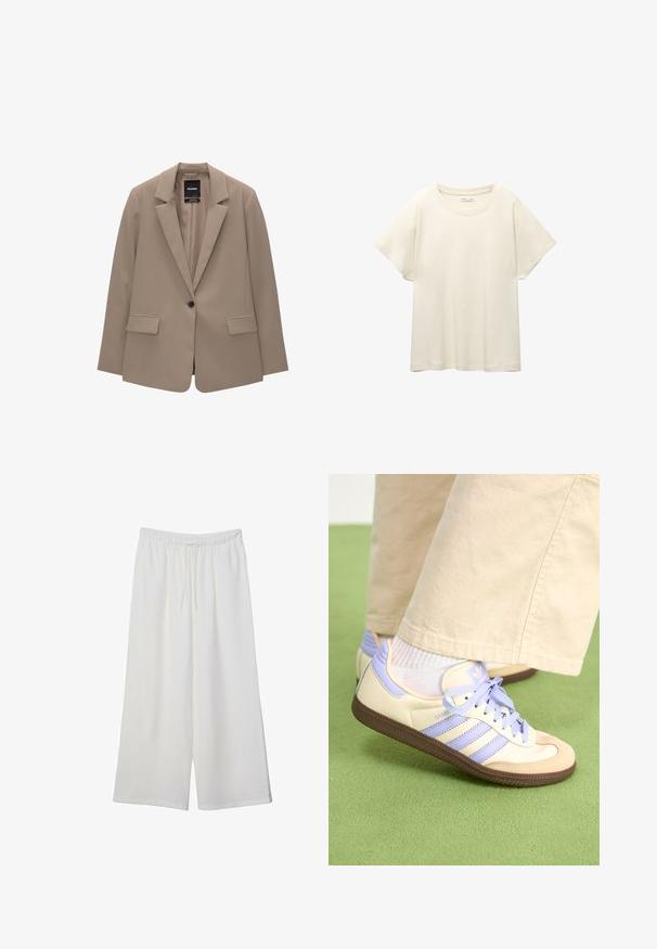 Beige Blazer mit taillierter Passform, einreihigem Knopfverschluss, Reverskragen und zwei vorderen Taschen. Glatte Textur, minimalistisches Design.; Helles beige T-Shirt mit kurzen Ärmeln und Rundhalsausschnitt, aus weichem, glattem Stoff gefertigt. Verfügt über eine lockere Passform und einen geraden Saum.; Weiße, weit geschnittene Hosen aus leichtem Stoff, mit einem elastischen Bund und einem Zugband für eine verstellbare Passform. Glatte Textur.; Cremefarbene und lavendelfarbene Sneakers mit drei Streifen und einer strukturierten braunen Sohle, ausgestattet mit Schnürsenkeln und einer gepolsterten Ferse. Obermaterial aus weichem Stoff.