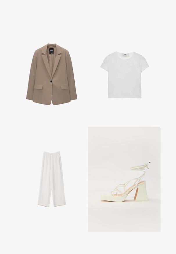 Beige Blazer mit taillierter Passform, einreihigem Knopfverschluss, Reverskragen und zwei vorderen Taschen. Glatte Textur, minimalistisches Design.; Weißes T-Shirt mit kurzen Ärmeln und Rundhalsausschnitt, aus weicher Baumwolle gefertigt, mit einem schlichten, sauberen Design ohne sichtbare Muster oder Akzente.; Weiße weit geschnittene Hose aus leichtem Stoff. Mit einem elastischen Bund und Kordelzug sowie Seitentaschen. Glatte Textur.; Weiße High-Heel-Sandale mit einem klobigen Absatz, die über ein Riemchendesign und ein Knöchelband verfügt. Glatte Textur mit einer Plattform vorne für zusätzliche Höhe.