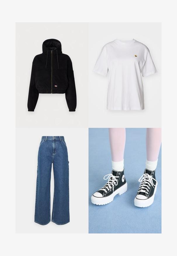 Jaqueta cropped preta feita de tecido de corduroy, com capuz, fecho frontal com zip, e punhos elásticos. Inclui um detalhe de logotipo bordado.; T-shirt branca de algodão com um corte descontraído, mangas curtas e um pequeno logótipo bordado na área do peito esquerdo.; Calças de ganga azuis de perna larga com cintura alta, costuras em contraste e bolsos laterais, apresentando um design clássico de cinco bolsos e bainhas desfiadas.; Ténis pretos de cano alto com solas e atacadores brancos, apresentando um logo circular ao lado e costura preta em contraste. Superior em tecido texturizado.