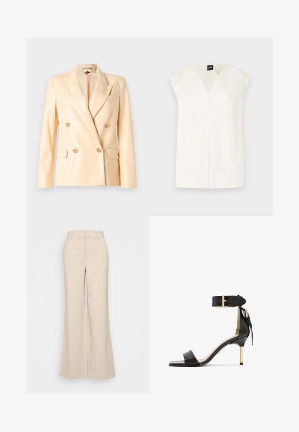 Beige Doppelreiher-Blazer mit glänzender Oberfläche, Reverskragen, goldfarbenen Knöpfen und zwei Fronttaschen. Hergestellt aus einem glatten Stoff.; Cremfarbener V-Ausschnitt-Top mit kurzen Ärmeln, aus glattem Stoff gefertigt. Verfügt über eine Mittelnähten und zarte Nahtdetails entlang der Schulternähte.; Beige weite Hosen mit glatter Textur, ausgestattet mit einem hohen Taillenbund und zwei vorderen Taschen. Schlichtes Design mit taillierter Passform.; Schwarze Leder-Absatzsandale mit quadrater Zehenform, Fesselriemen mit einer goldenen Schnalle und einem schlanken, metallischen Absatz. Glatte Textur, minimalistisches Design.