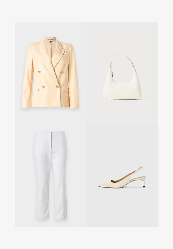 Blazer beige doppiopetto con finitura lucida, revers a punta, bottoni in tonalità oro e due tasche frontali. Realizzato in un tessuto morbido.; T-shirt bianca cropped, maniche corte e larghe, tessuto di cotone morbido, scollatura rotonda con bordino arancione sottile, design minimale, senza motivi o grafiche.; Pantaloni bianchi in cotone con design a gamba dritta, caratterizzati da una vita a media altezza e senza hardware o motivi visibili. Tessuto liscio su tutta la superficie.; Scarpa slingback a punta in pelle bianca sporca, caratterizzata da un tacco basso e un design con ritagli, dal texture liscia e con accenti minimi.; Piccola borsa a spalla bianca con una singola tracolla regolabile e chiusura a zip, su uno sfondo bianco uniforme.