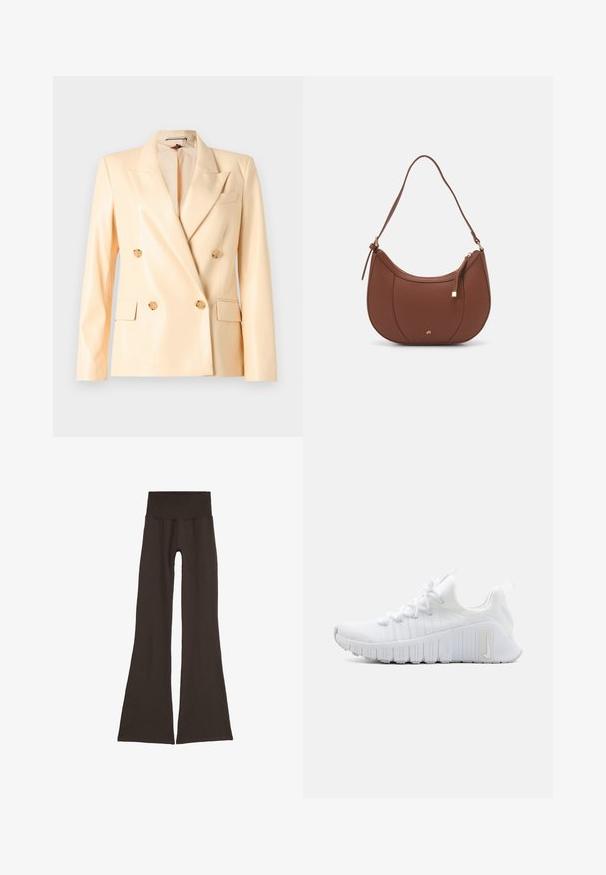 Beige Doppelreiher-Blazer mit glänzender Oberfläche, Reverskragen, goldfarbenen Knöpfen und zwei Fronttaschen. Hergestellt aus einem glatten Stoff.; Braunes Langarm-Wrap-Top mit tiefem V-Ausschnitt und seitlichem Bindeband. Hergestellt aus weichem, dehnbaren Stoff mit glatter Textur.; Dunkelbraune ausgestellte Leggings mit einem breiten, gerippten Taillenbund. Hergestellt aus weichem, dehnbarem Material, mit einem nahtlosen Design und ohne sichtbare Beschläge.; Weißer Sportschuh mit einer strukturierten Oberseite, flacher Schnürung und ausgeprägter Gummisohle mit vertikalen Rillen. Mit einem Logo an der Seite.; Braune Kunstleder-Schultertasche mit geschwungener Form, minimaler Naht und goldfarbener Hardware-Akzent. Verfügt über einen oberen Reißverschluss und einen verstellbaren Trageriemen.