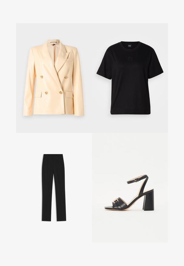 Blazer beige à double boutonnage avec une finition brillante, revers crantés, boutons dorés et deux poches avant. Fabriqué en tissu lisse.; T-shirt en coton noir avec un col rond, des manches courtes et un logo brodé sur la poitrine. Coupe simple et décontractée sans motifs.; Pantalon noir ajusté avec une coupe droite, doté de poches avant et d'un tissu lisse et texturé. Détails soignés et minimalistes.; Sandales à talons noirs en cuir lisse, avec un bout carré, une sangle à la cheville et un accent doré à l'avant.