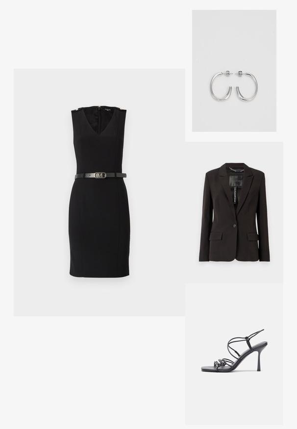 Mustmustrihheline bleiser, millel on nurgalapid, ühe nupuga kinnitamine, kaks esist taskut ja sisetagemärk. Sile tekstuur.; Mustaga, V-kaelusega, ilma varrukateta kleit, millel on kuldsed õlavarre aksessuaarid ja kokkusurutud must vöö metallist pandlaga.; Mustad musta värvi kontsandaalid on varustatud peente rihmadega, millel on sõlmekujundus, siledad ruudukujulised varbad ja stiilne stilettokonts.; Helehall metallik handbags, millel on kett, kaunistatud väikeste ümmarguste metallist õmblustega ja kolmnurkse brändi logoga.; Hõbedased rõngaskõrvarõngad, millel on sile ja läikiv pind. Ümar kuju, kerge disain, millel on post-tagumise kinnituse süsteem.