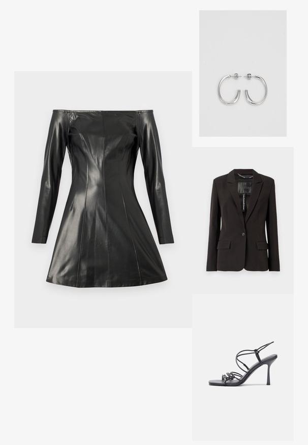 Blazer preto ajustado com lapelas notched, fecho de um único botão, dois bolsos frontais e detalhes na etiqueta interior. Textura de tecido suave.; Vestido preto às riscas, sem ombros, feito de couro liso. Apresenta mangas longas, um corte ajustado e uma saia ampla. Costuras e detalhes de textura visíveis.; As sandálias de salto alto pretas apresentam tiras finas com um design em nó, uma biqueira quadrada lisa e um elegante salto agulha.; Bolsa metálica cinza claro com uma alça de corrente, adornada com pequenos rebites metálicos circulares e um logótipo triangular da marca.; Brincos de argola prateados com um acabamento suave e brilhante. Forma arredondada, design leve, com fecho de pino.