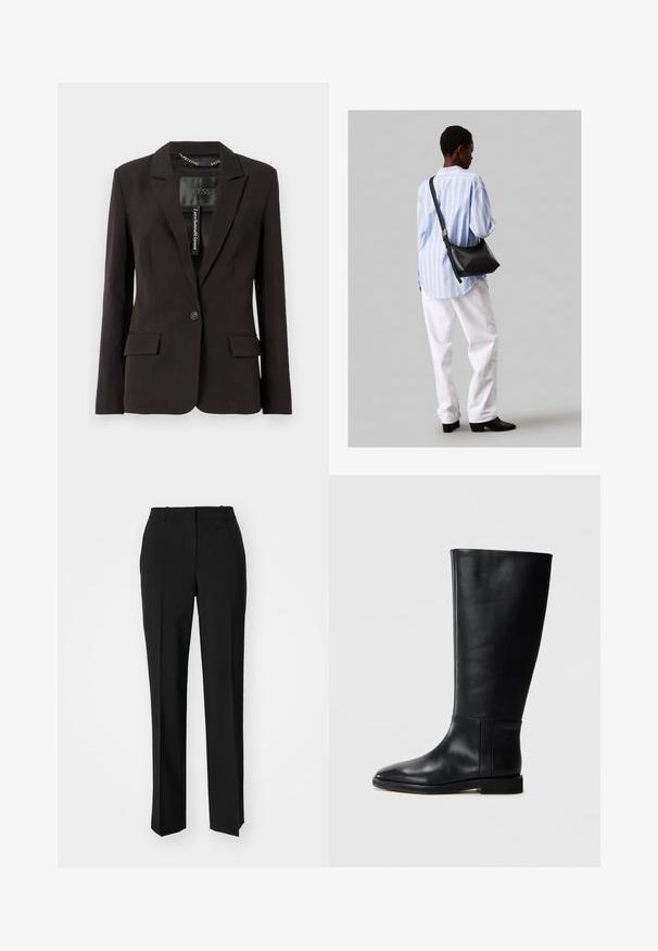 Melna piegriezta žakete ar izgrieztiem atlokiem, vienas pogas aizdare, divām priekšējām kabatām un iekšējas etiķetes detaļām. Gluda auduma tekstūra.; Balta off-the-shoulder T-kreklā, izgatavota no mīksta, viegla auduma. Īsas piedurknes, pieguļošs siluets un ruļļu apdare. Gluda tekstūra.; Melnas pielāgotas bikses ar taisnu kāju dizainu, kas raksturojas ar gludu faktūru un asiem krokām pa priekšu. Nav redzamu metāla detaļu.; Melnas ādas līdzceļgala zābaki ar noapaļotu pirkstu, gludu tekstūru, minimālistisku dizainu un plakanu zoli. Vienkāršas šuvju detaļas uz zābaku augšdaļas.; Melna ādas plecu soma ar mīkstu tekstūru, trīsstūra formu un regulējamu siksnu, apvienota ar gaiši zilu svītrotu krekli un baltām biksēm.