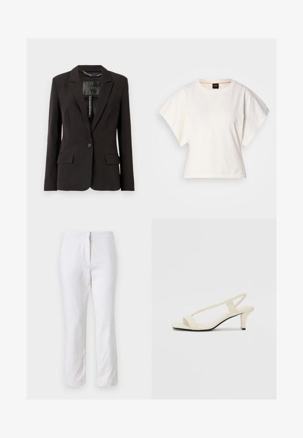Černé upravené sako s klopami, jedním knoflíkem, dvěma předními kapsami a detaily vnitřního štítku. Hladká textura látky.; Bílý zkrácený T-shirt, krátké široké rukávy, měkký bavlněný materiál, kulatý výstřih s jemným oranžovým lemováním, minimalistický design, bez vzorů nebo grafik.; Bílé bavlněné kalhoty s rovnou nohavicou, s středně vysokým pasem a bez viditelných kovových prvků nebo vzorů. Hladká textura po celém povrchu.; Krémové sandály na bloku s tenkými popruhy a čtveratou špičkou. Hladký materiál s minimálními detaily, navržené pro snadné nošení.