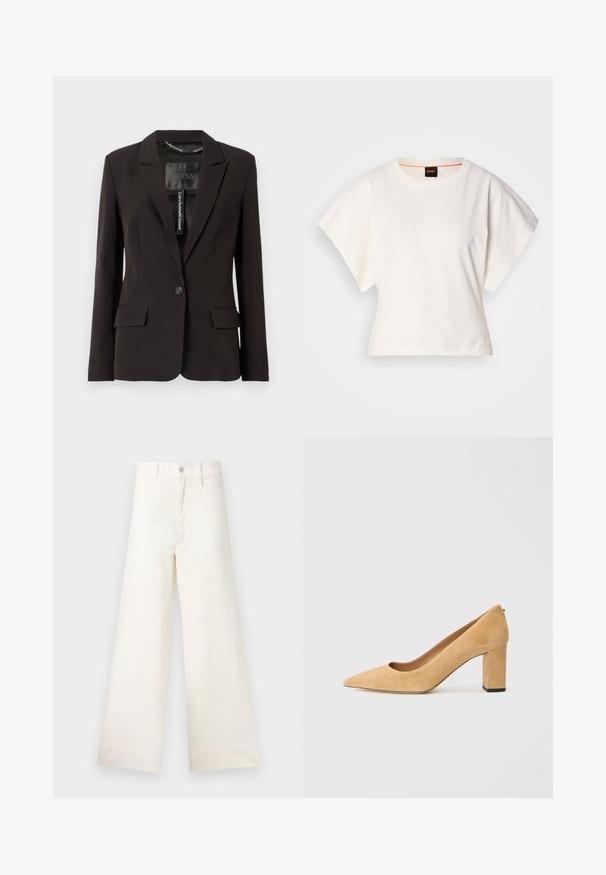 Fekete, szabott zakó lefelé hajló hajtókával, egy gombos záródással, két elülső zsebbel és belső címke részletezéssel. Sima szövettextúra.; Fehér, rövid, bő ujjú, crop szabású póló, puha pamut anyagból, kerek nyakkivágással, finom narancssárga díszítéssel, minimalista dizájn, minta vagy grafika nélkül.; Világos bézs pamut széles lábú nadrág. Magas derék, elülső zsebek és egyenes vonalú fazon jellemzi. Tiszta, mintázat nélküli hem befejezés.; Beige velúr magassarkú cipő, hegyes orral és tömzsi sarokkal. Az anyag puha tapintású, sima felületű.