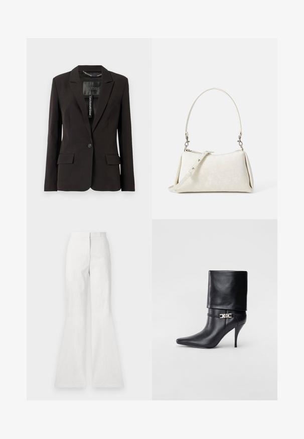Crni sako krojenog kroja s reverima, zatvaranjem na jedan dugmad, dva prednja džepa i detaljima na unutrašnjoj etiketi. Glatka tekstura tkanine.; Bijeli skraćeni T-shirt, široke kratke rukave, mekani pamučni materijal, okrugli izrez s suptilnim narančastim detaljem, minimalistički dizajn, bez uzoraka ili grafika.; Bijele flare hlače od lagane tkanine, s glatkom teksturom, detaljem prednje šave i prilagođenim pojasom.; Crna kožna gležnjača s šiljastim prstom, visokim stiletto potplatom, preklopnim rubom i zlatnom dekorativnom kopčom na gležnju.; Bijela torba s glatkom teksturom, zakrivljenim siluetom i podesivom naramenicom. Sadrži suptilni uzorak s logotipom i akcentima od srebrne boje.