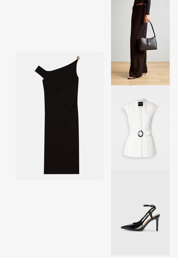 MARCIANO BY GUESS Blazer - white; Vestido negro de un solo hombro hecho de tela drapeada, con un acento dorado en el hombro, textura suave y diseño hasta la rodilla.; Zapato de charol negro de tacón alto, tipo slingback, con punta afilada, correa ajustable en el tobillo y lados abiertos. Textura lisa.; Bolso negro con forma estructurada, textura suave y un cierre metálico. Combinado con pantalones anchos negros y sandalias de dedo en un suelo de madera.