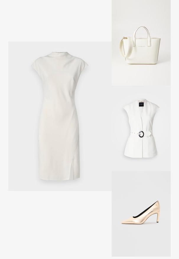 MARCIANO BY GUESS Blazer - white; Vestido blanco sin mangas con un escote alto y una abertura lateral. Textura suave, diseño ajustado y estilo minimalista.; Zapato de tacón alto metálico en beige con punta afilada, textura suave y un interior negro. Presenta un pequeño detalle del logo en el tacón.; Bolso de mano de cuero sintético blanco con asas cortas, correa de hombro ajustable y herrajes en tono dorado; presenta un sutil logo en la parte frontal.