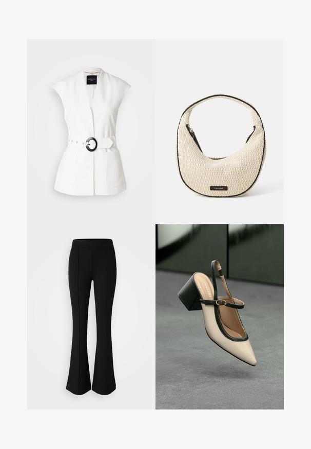 MARCIANO BY GUESS Blazer - white; T-shirt bianco a maniche corte realizzato in tessuto morbido. Presenta piccole maniche a sbuffo e un collo rotondo. Etichetta: "ANNA FIELD" sul collo.; Pantaloni neri a zampa d'elefante realizzati in un materiale elastico con una texture liscia, caratterizzati da dettagli delle cuciture lungo la parte anteriore per un tocco di design in più.; Scarpa beige con punta a stivale, con rifiniture nere, fibbia dorata e tacco a blocco spesso su un pavimento grigio con sfondo verde scuro.; Borsa a spalla intrecciata beige con forma curva e bordi neri. Presenta una chiusura con zip superiore e una patch con il logo sul davanti.