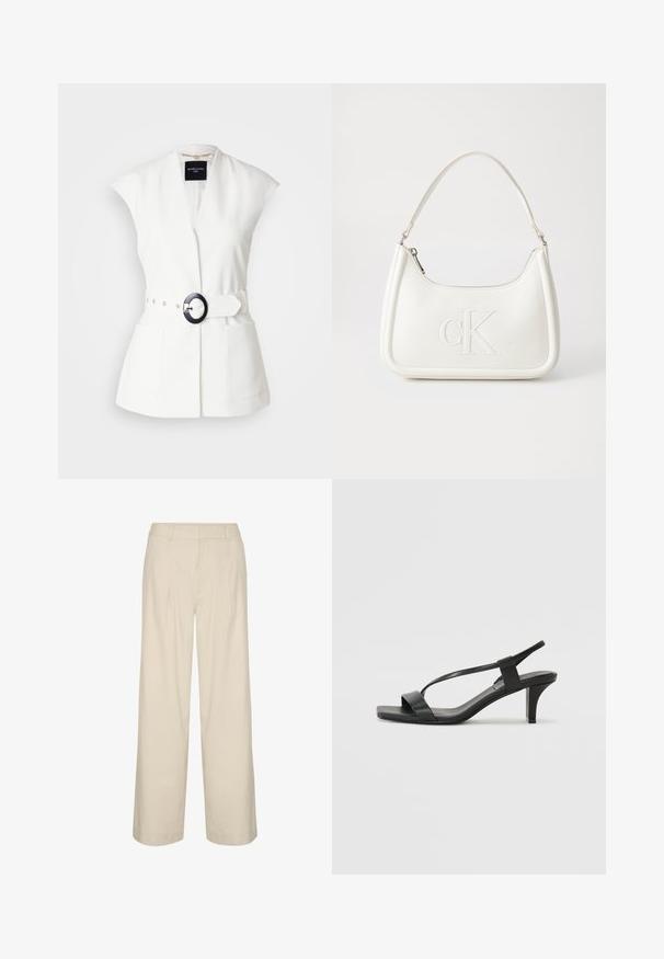 MARCIANO BY GUESS - Żakiet; Biała bluzka z długim rękawem, wykonana z prążkowanej tkaniny, z okrągłym dekoltem i dopasowanym krojem. Brak wzorów lub akcentów.; Beżowe spodnie o szerokich nogawkach z mieszanki lnu, z wysokim stanem, plisami i gładką fakturą. Brak widocznych hardware'ów i wzorów.; Czarne sandały na obcasie z wąskim paskiem, kwadratowym noskiem i średniej wysokości blokowym obcasem. Wykonane z gładkiej skóry o matowym wykończeniu.; Biała skórzana torebka o zaokrąglonym kształcie, z wytłoczonym logo "CK" z przodu i pojedynczym paskiem na ramię. Zapięcie na zamek z góry.