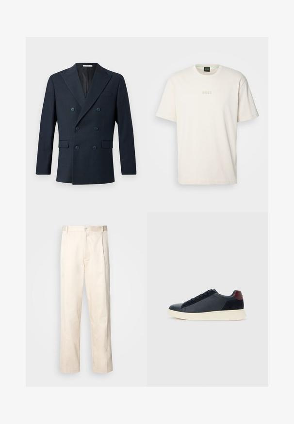 Navy double-breasted blazer in textured fabric, featuring wide lapels, four blue buttons, and two front pockets with a subtle check pattern.; BOSS TEE - Basic T-shirt - open white; Beige cotton trousers with a straight-leg cut, featuring a button closure and pleats at the front for added detail.; Low-top men's sneaker in black leather and suede with maroon heel tab and white rubber sole, viewed from the outer side.