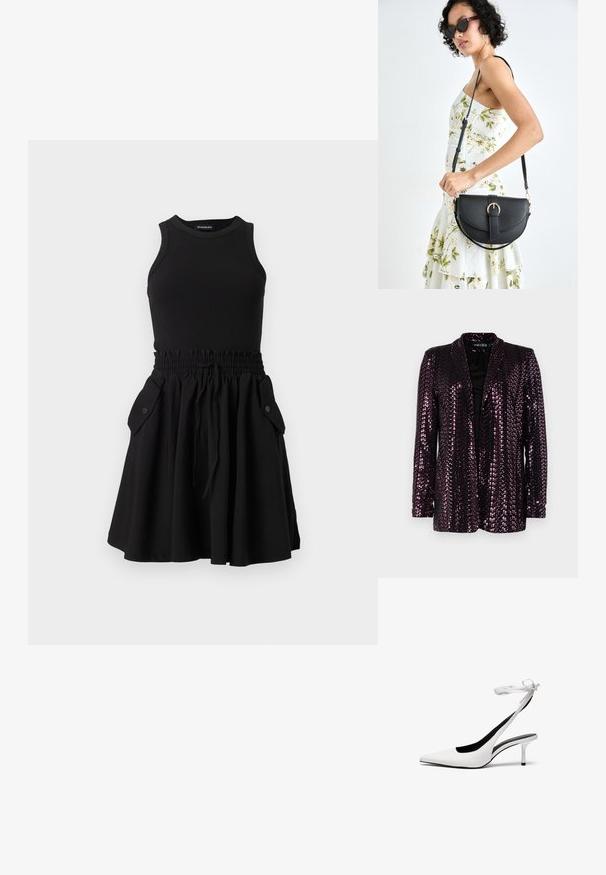 Tumepruun sädelev bleizer musta vooderiga. Omab nurka lõigatud kraed ja pikki varrukaid, näidates läikivat ja tekstuurset pinda.; Mustamata ilma varrukat kleit, millel on ribaga pealne osa ja flared seelik. Omab elastset vööd ja kaht küljetaskut nuppudega.; Valged terava ninaga slingback-kandvad kontsad õhukese pahkluustringiga. Sile nahk, õhuke stilettokonts ja must sisekate.; Mustmust mustraha kõverate joontega, eemaldatava rihmaga ja kuldsete detailidega. Kotil on klapp, millel on pandladetail.