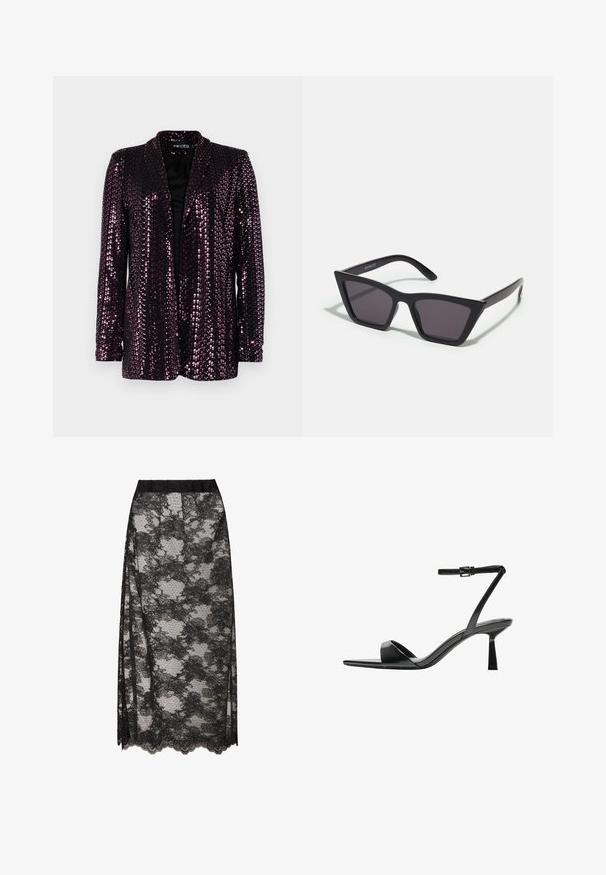 Pawlený blejzr v tmavě fialové barvě s černým podšívkou. Obsahuje klopový límec a dlouhé rukávy, které ukazují lesklý, texturovaný povrch.; Černý žebrovaný rolák, krátké rukávy, přiléhavý design, měkká textura, minimální švy a vysoký límec.; Černá krajková sukně s vlnitým lemem, se květinovým vzorem a průhlednou texturou. Elastický pas pro pohodlné nošení.; Bershka Sandály na vysokém podpatku - black; Černé, ostré sluneční brýle s šedými skly; vyrobené z plastu, s mohutnými rameny a hladkým povrchem bez viditelného hardwaru.; Černá kožená kabelka s zaobleným, konturovaným tvarem, vybavená zámkem ve zlatém odstínu a jedním nastavitelným popruhem. Hladký povrch.