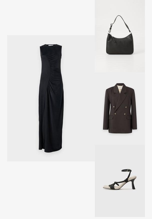 Sötétbarna, dupla gombolású blézer, kihajtott gallérral, két elülső zsebbel és világos színű béléssel. Simább, struktúrált anyagból készült.; Fekete, ujjatlan maxi ruha, drapírozott oldal részletekkel, sima anyagból készült; kerek nyakkivágással és illeszkedő siluettel rendelkezik.; Fekete sarkú szandál fonott pánttal, négyzet alakú orral és állítható bokapánttal. Világos bézs talpbetét fényes fekete sarkával.; Fekete bőrtáska ívelt formával, egyetlen pánttal, cipzáras záródással és diszkrét logóval az elején. Simább textúra, minimalista dizájn.