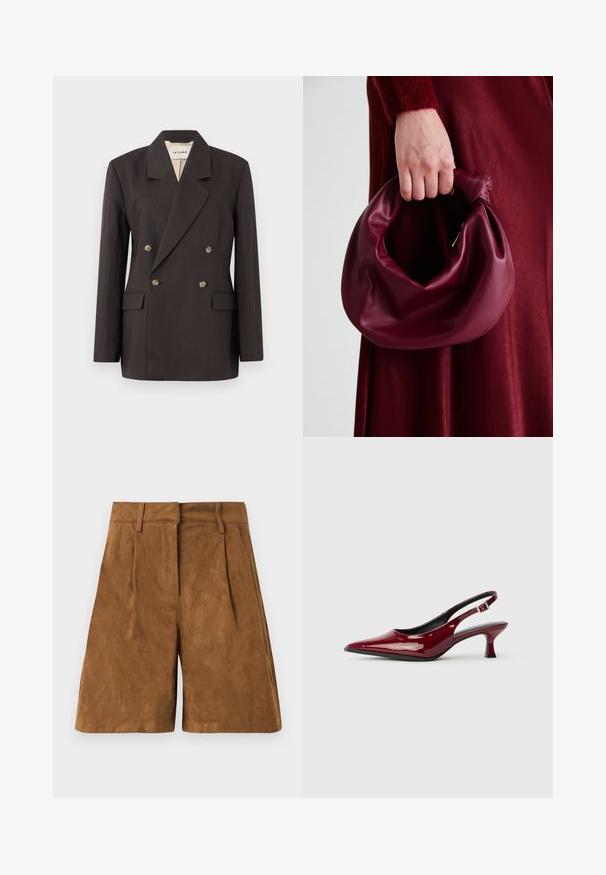 Tamsiai ruda dvigubo užtrauktuko švarkas su įpjovomis apykaklėmis, dviem priekinėmis kišenėmis ir šviesios spalvos pamušalu. Pagamintas iš lygaus, struktūruoto audinio.; Baltos satino marškinėliai plonomis petnešėlėmis ir prigludusia krūtine, kuri išsiplečia į susiraukšlėjusią peplum apatinę dalį, lygi tekstūra su nežymiu blizgesiu.; Rudi zomšos šortai su lygiu paviršiumi, su priekiniais raukiniais, lygia juosta ir tiesia kirpimo forma.; Burgundiško lakuoto odos slingback kulniukai su smailiu smailiu ir elegantišku stiletto kulnu. Atvira nugaros konstrukcija su reguliuojamu kulkšnies dirželiu.; Bordo odinė rankinė su minkštu, susiraukšlėjusiu dizainu ir apvalia forma. Rankena yra tvirtai pritvirtinta, atskleidžianti lygią tekstūrą.