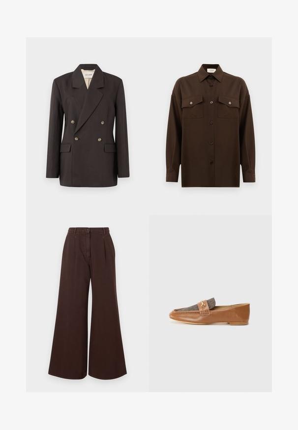 Blazer duplo em castanho escuro com lapelas recortadas, dois bolsos frontais e forro de cor clara. Feito de um tecido liso e estruturado.; Camisa de botões de manga longa castanho-escuro, com dois bolsos de aba no peito e um colarinho clássico, apresentada contra um fundo branco liso.; Calças largas de cintura alta, castanhas, com fecho de botão e zíper, passantes para cinto e pregas frontais.; Loafers de couro castanho com um painel de tecido castanho texturizado e um detalhe em dourado. Perfil estreito e costura nas laterais.
