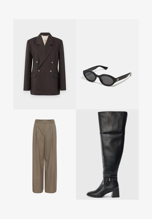Sötétbarna, dupla gombolású blézer, kihajtott gallérral, két elülső zsebbel és világos színű béléssel. Simább, struktúrált anyagból készült.; Hosszú ujjú garbós felső világos bézs színben. Puha, rugalmas anyagból készült, laza fazonnal és hajtott nyakkivágással.; Hajtogatható, széles szárú nadrág világosbarna anyagból, strukturált derékrésszel és sima textúrával, a kényelem és sokoldalúság érdekében tervezve.; Fekete, térd fölé érő bőr csizma, blokksarkú és díszítő pánttal, arany csattal a boka felett, oldalnézet fehér háttérrel.; Fekete ovális napszemüveg sötét lencsékkel és fényes műanyag kerettel. Aranyszínű logóval rendelkezik a szárán, amely elegáns és modern megjelenést biztosít.