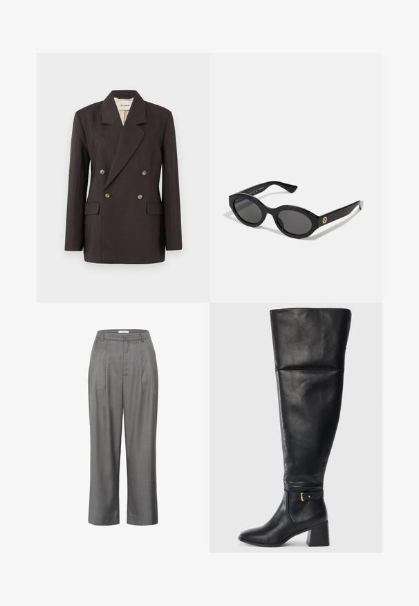 Sötétbarna, dupla gombolású blézer, kihajtott gallérral, két elülső zsebbel és világos színű béléssel. Simább, struktúrált anyagból készült.; Hosszú ujjú garbós felső világos bézs színben. Puha, rugalmas anyagból készült, laza fazonnal és hajtott nyakkivágással.; Szürke, egyenes szabású, cippzáros nadrág, pleatelt előlappal, sima szövet textúrával és klasszikus derékrésszel.; Fekete, térd fölé érő bőr csizma, blokksarkú és díszítő pánttal, arany csattal a boka felett, oldalnézet fehér háttérrel.; Fekete ovális napszemüveg sötét lencsékkel és fényes műanyag kerettel. Aranyszínű logóval rendelkezik a szárán, amely elegáns és modern megjelenést biztosít.