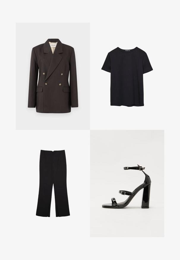 Temno rjav dvoredni blazer z izrezanimi reverji, dvema sprednjima žepoma in svetlo oblogo. Narejen je iz gladke, trdne tkanine.; Enostavna črna bombažna majica s kratkimi rokavi in okroglim izrezom, prikazana na belem ozadju.; Črne hlače ravnega kroja z naglavnimi žepi in stranskimi razporki na robu. Narejene iz mehke, gladke tkanine. Primerne za različne priložnosti.; Črne lakaste sandale z visokimi petami, z dvema trakovoma z zaponkama, kvadratnim sprednjim delom in masivno širšo peto, z gladko, sijočo teksturo.