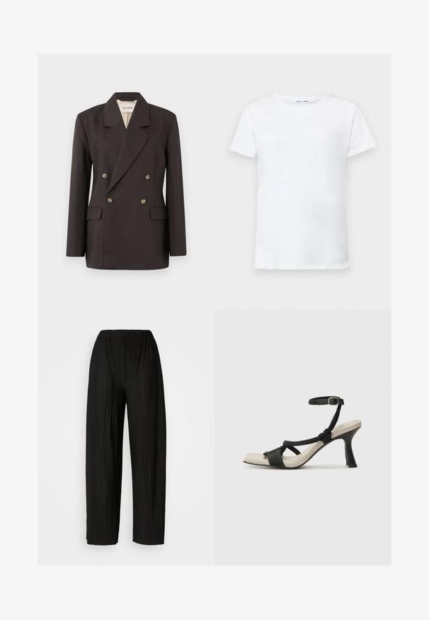 Tmavě hnědý dvouřadý blejzr s klopovými límci, dvěma předními kapsami a světlou podšívkou. Vyroben z hladkého, strukturovaného materiálu.; Bílá krátká tričko s krátkým rukávem vyrobené z bavlny s kruhovým výstřihem. Hladká textura a rovný střih, bez vzorů nebo akcentů.; Černé široké kalhoty se sklady a elastickým pasem. Tkanina má vertikální sklady a hladkou texturu.; Černé sandály na podpatku s pleteným designem pásku, čtveratou špičkou a nastavitelným páskem kolem kotníku. Světle béžová stélka s lesklým černým podpatkem.