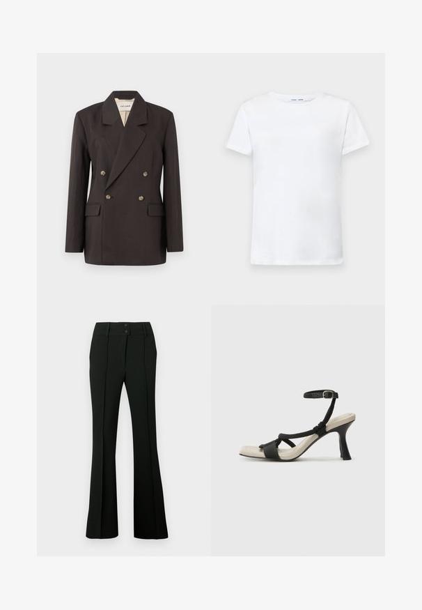 Dark brown double-breasted blazer with notched lapels, two front pockets, and light-colored lining. Made from a smooth, structured fabric.; White short-sleeve t-shirt made of cotton with a crew neck design. Smooth texture and straight cut, no patterns or accents.; Black flared pants featuring a smooth fabric, high waistband with two buttons, and front pleats, providing a tailored appearance.; Black heeled sandal with braided strap design, square toe, and adjustable ankle strap. Light beige footbed with a glossy black heel.