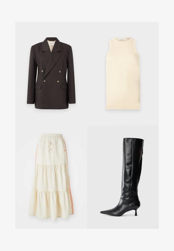 Temno rjav dvoredni blazer z izrezanimi reverji, dvema sprednjima žepoma in svetlo oblogo. Narejen je iz gladke, trdne tkanine.; Svetlo bež brezrokavnik iz rebraste tkanine, s krojnim ovratnikom in oprijetim krojem. Gladka tekstura z minimalnimi šivi.; Kremno obarvana midi krila v več plasteh z raztegljivim pasom in vrvico. Ima oranžne stranske črte in mehko, gladko bombažno teksturo.; Črne usnjene škornje do kolen z ozkim nosom in vitkim, ukrivljenim peto. Gladka tekstura, prilegajoč dizajn in brez vidnih dodatkov ali vzorcev.