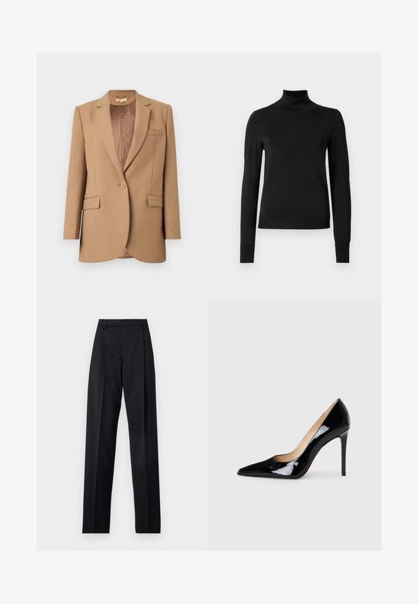 Hnedý blazer s klopou, s jedným gombíkom, dvomi prednými vreckami a prešívanou vnútornou podšívkou. Strih na mieru s hladkým povrchom.; Čierny dlhý rukáv rolák s rebrovanými manžetami a lemom, zobrazený na čistej bielej pozadí.; Čierne nohavice vyrobené z hladkej látky s vysokým pásom, širokými nohavicami, prednými záhybmi a klasickými pútkami na opasok. Žiadne bočné vrecká nie sú viditeľné.; Čierne lakované lodičky na vysokej podpätku s špicatou špičkou a elegantným siluetou. Disponujú hladkým, lesklým povrchom a štíhlym podpätkom.