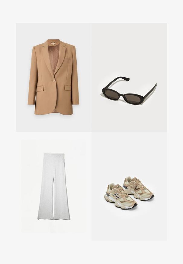 Brązowa marynarka z wyłogami, z pojedynczym zapięciem na guzik, dwoma przednimi kieszeniami i pikowaną podszewką. Dopasowany krój o gładkiej fakturze.; Biała koszula z długim rękawem i szerokim dekoltem, wykonana z miękkiego materiału. Gładka tekstura, proste wykończenie i brak widocznych elementów metalowych lub wzorów.; Jasnoszare szerokie spodnie wykonane z miękkiego materiału, z wysokim stanem i bocznymi rozcięciami, które zapewniają dodatkowy przepływ i komfort.; Beżowe sneakersy z siateczki i zamszu. Zawierają czarne logo i teksturowane akcenty. Gruba biała środkowa podeszwa i czarna gumowa podeszwa.; Czarne okulary przeciwsłoneczne z oválnymi, półramkowymi soczewkami. Błyszczące oprawki i eleganckie zauszniki. Ciemne soczewki z minimalnymi detalami w hardware.