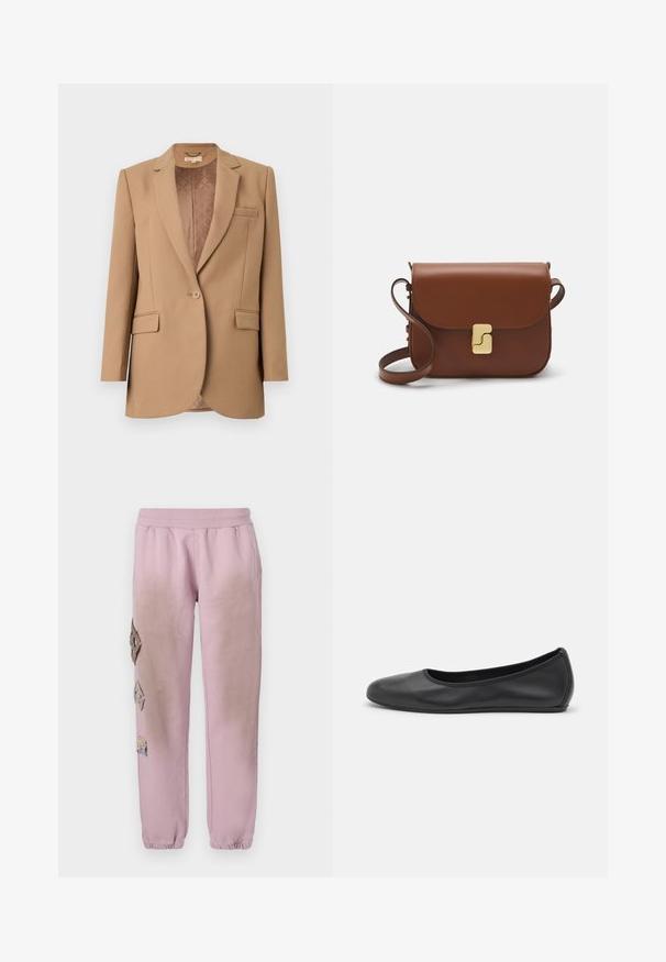 Rudas švarkas su notch type atvartais, vienu mygtuko uždarymu, dviem priekinėmis kišenėmis ir pūkine vidine pamušalu. Prisiminkite, kad jis pritaikytas ir turi glotnią tekstūrą.; Balta trumpa rankovėmis marškinėliai, pagaminti iš pasiruošusio audinio. Apvali iškirptė, reguliari tinkamumas ir subtilūs siuvimo detalės. Be raštų ar grafikos.; Rožinės sportinės kelnės su elastinga juosta, kairėje pusėje dekoruotos rombo formos aplikacijomis ir elastingais užkulniais.; Juodai odiniai baletai su apvaliu pirštu, lygi texture, minimalus siuvimo detales ir lanksčiu padų dizainu.; Ruda odinė rankinė su uždaromu dangteliu, aukso spalvos detalėmis, petneša ir lygiu paviršiumi. Kompaktiška stačiakampio formos.