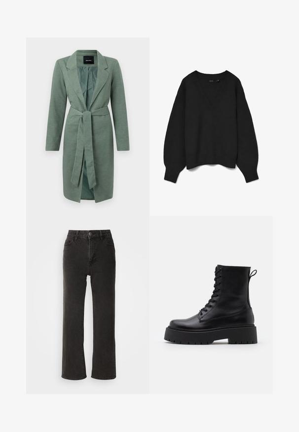 Zeleni teksturirani kaput s dugim rukavima, urezanim ovratnikom i remenom za vezanje u struku. Otvoreni prednji dio s kontrastnim unutarnjim podstavom.; Crni pleteni džemper s dubokim V-izrezom, spuštenim ramenima i rebrastim manšetama i rubom. Mekana tekstura s oversized krojem. Bez vidljivih uzoraka.; Crne široke traperice, izrađene od denima, s prednjim zatvaranjem na dugme, petljicama za pojas i pet džepova, s malo izblijedjelim dezenom.; Crne kožne gležnjače s okruglim vrhom, vezanjem sprijeda i debelim gumenim potplatom s teksturiranim uzorkom. Tipa: traka za vuču na stražnjoj strani.