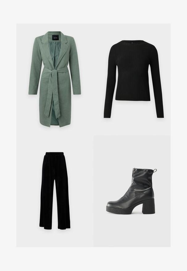 Zöld textúrált kabát hosszú ujjak, kivágott gallér és övből készült, önállóan megkötött derékrész. Nyitott elülső rész kontrasztos belső béléssel.; Fekete bordázott, hosszú ujjas, testhez simuló pulóver kerek nyakkivágással, világos, egyszínű háttér előtt kiemelve.; Fekete, széles szárú nadrág puha velúrból, rugalmas derékkal és sima textúrával, látható díszítés vagy mintázat nélkül.; Fekete bokacsizmák sima bőrből, oldalsó cipzárral, vastag, texturált sarkú és lekerekített orrú dizájnnal.