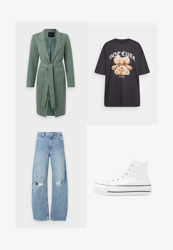 Zelený textúrovaný kabát s dlhými rukávmi, klopovým golierom a opaskom na zaväzovanie v páse. Otvorený predný diel s kontrastnou vnútornou podšívkou.; Čierne oversized tričko s grafikou medveďa a textom "NIE ROZTOMILÉ ALE DIVOKÉ" v tučnom bielom písmene. Bavlnený materiál.; Svetlomodré, vysoké džínsy vyrobené z denimu. Majú široké nohavice, dve roztrhnuté kolená a klasický päťvreckový strih.; Biele vysoké plátené tenisky s čiernou gumovou podošvou, prednou gumovou špičkou a šiestimi okami na šnúrky, s čistým, minimalistickým dizajnom.